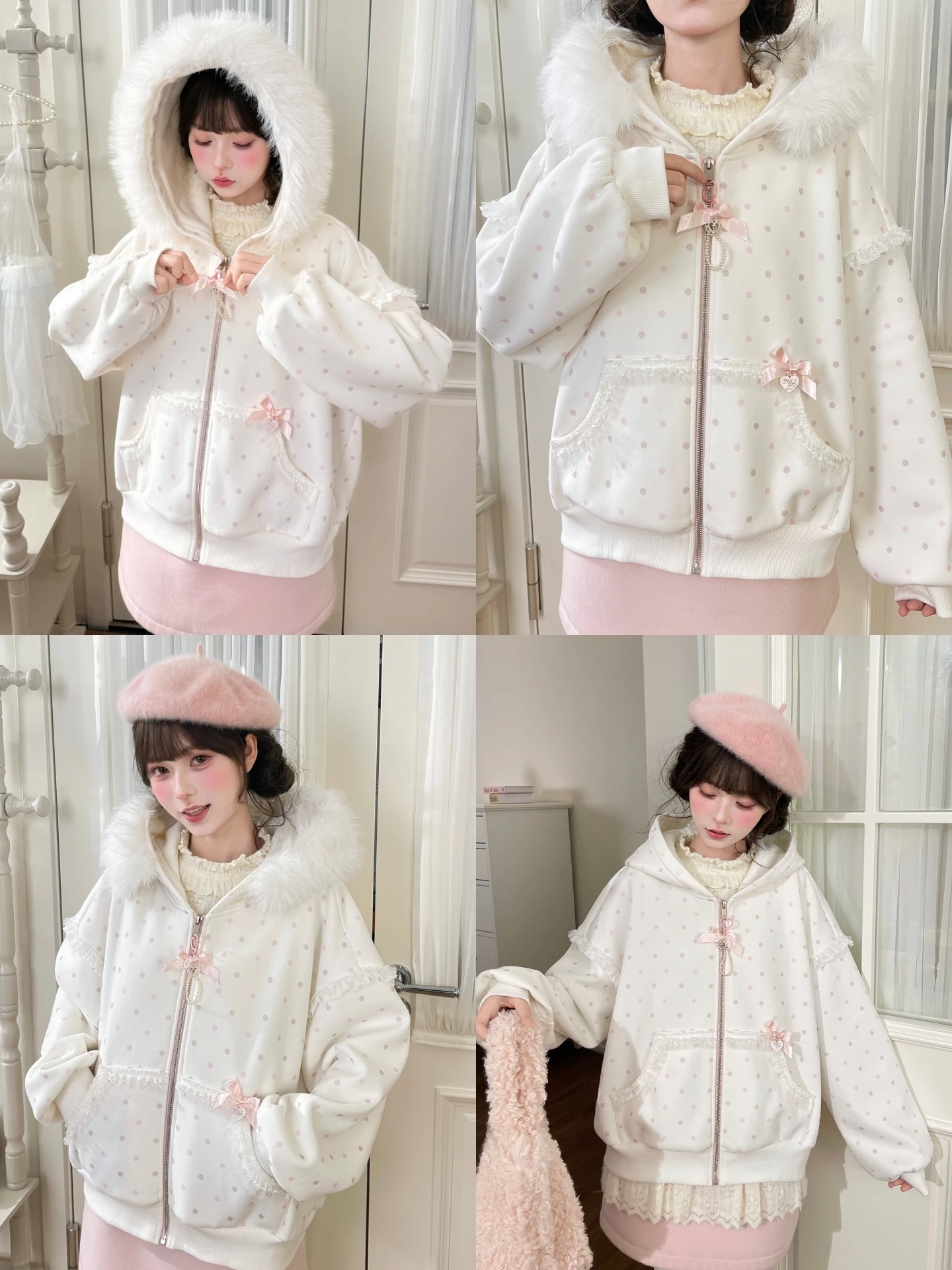 Sweet Style Fleece Lined Hooded Jacket Women's Removable Fur Collar Open Cardigan Autumn Winter Cotton Blend Long Sleeve Zipper