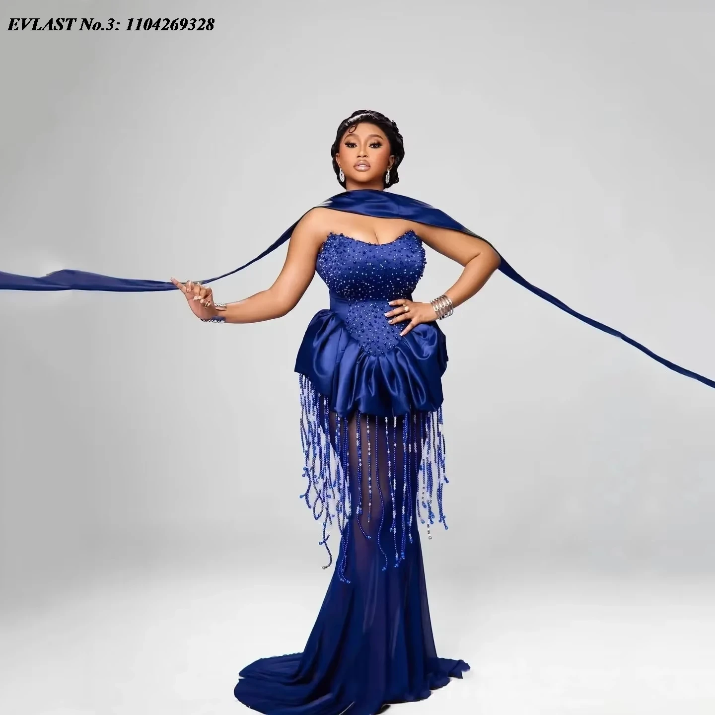 

EVLAST Customized Aso Ebi Royal Blue Mermaid Prom Dress Gorgeous Pearls Beaded Shawl Tassels Evening Gown Robe De Soirée E3P393