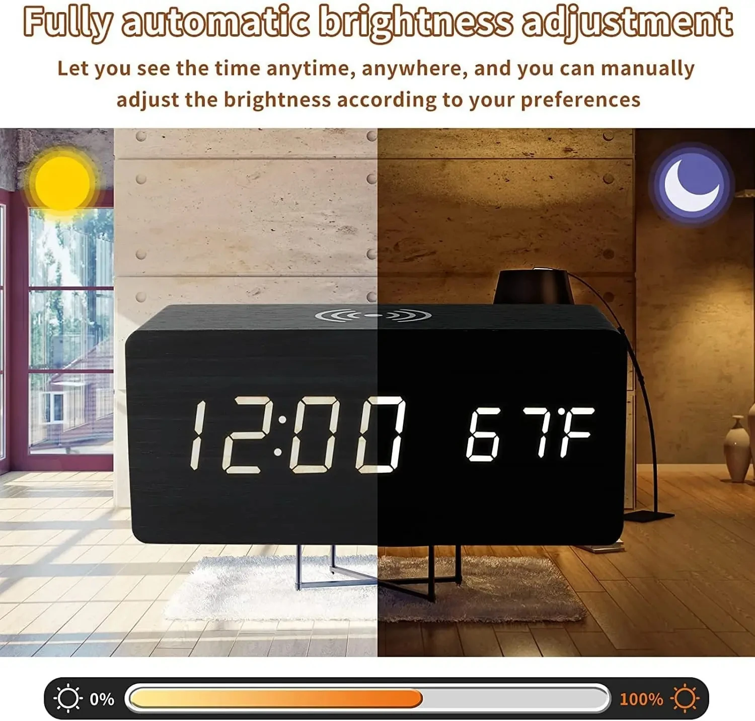 Wireless Charging Digital Alarm Clock Voice Control Teperature Snooze Night Desktop Table Clock 12/24H Wooden LED Clocks Watch