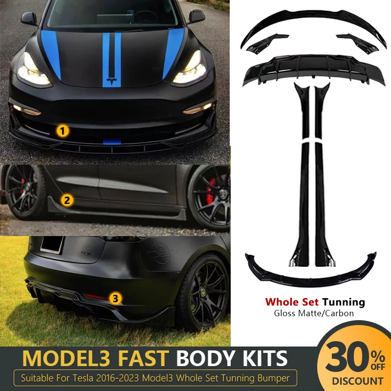 For Tesla 2016-2023 Model 3 Body Kit Gloss Matte Carbon Spoiler Rear Lip Front Bumper Lip Side Skirt Parts Aero Fast Tunning Car