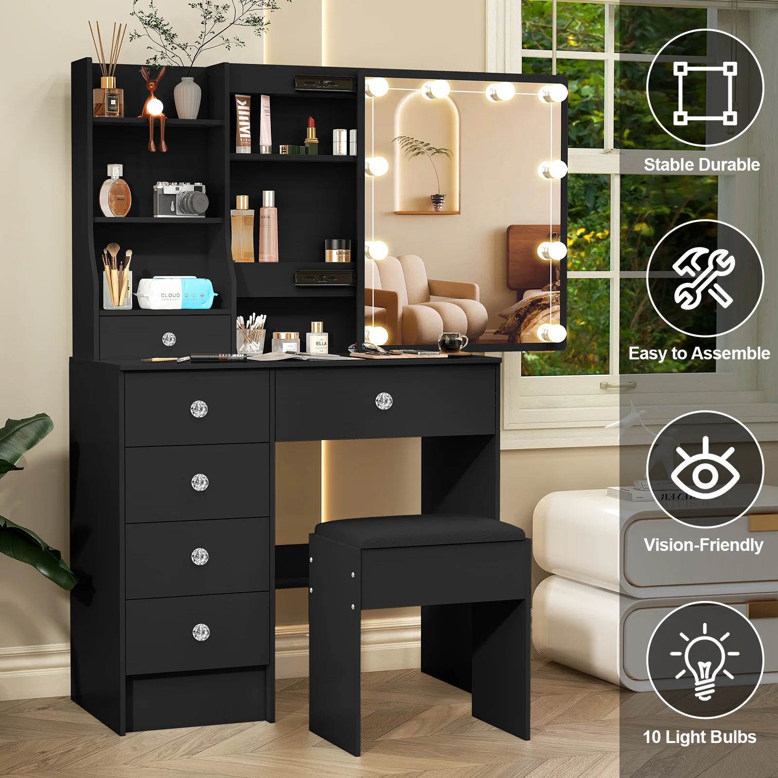 مجموعة زينة مضاءة LED مع مرآة منزلقة وأدراج طاولة تزيين Yamissi ومقعد #2