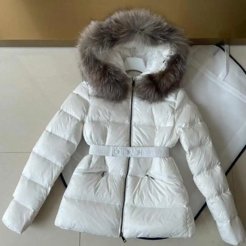 Winter women down jacket100% natural fox fur 95% white goose down+5% feathers product includes a belt woman leisure loose coat