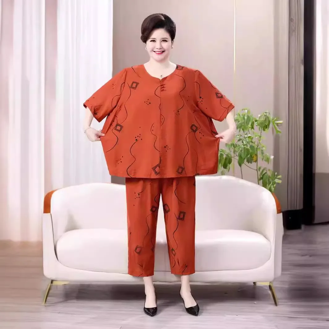 

Комплект из двух предметов: модный летний костюм из хлопка и льна с коротким рукавом для женщин старшего возраста, свободный крой, большие размеры