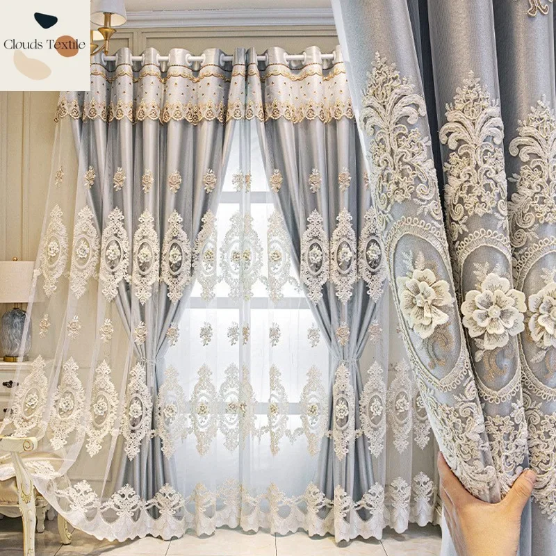 European Double-thickness Curtains for Living Dining Room Bedroom Blackout High-grade Cloth Yarn One Finished Embossed