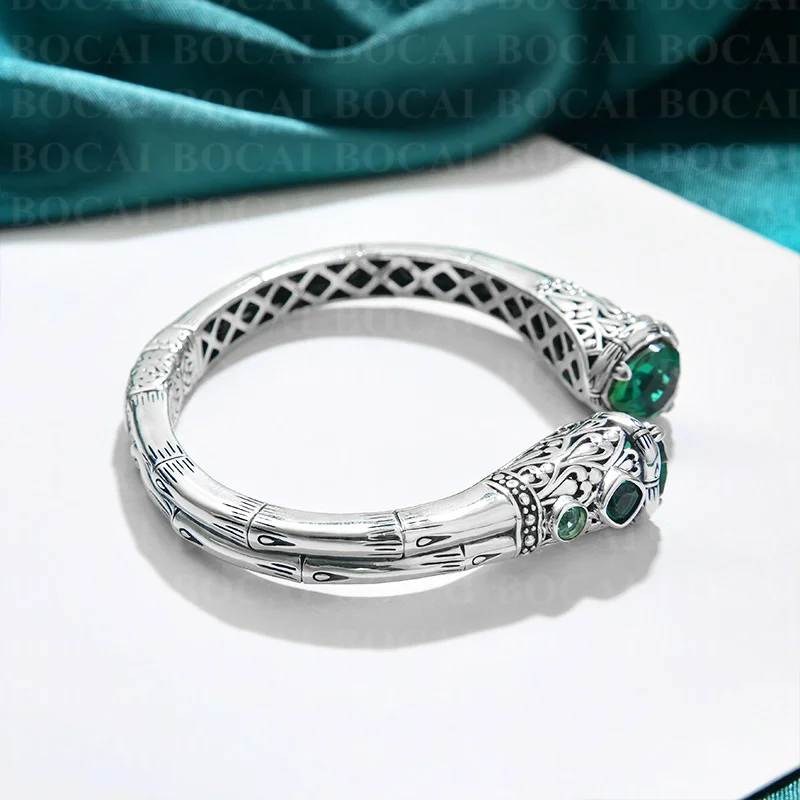 BOCAI S925 Sterling Silver Bracelets for Women New Fashion Hollow Eternal Rattan Green Crystal Amethyst Bangle Wholesale