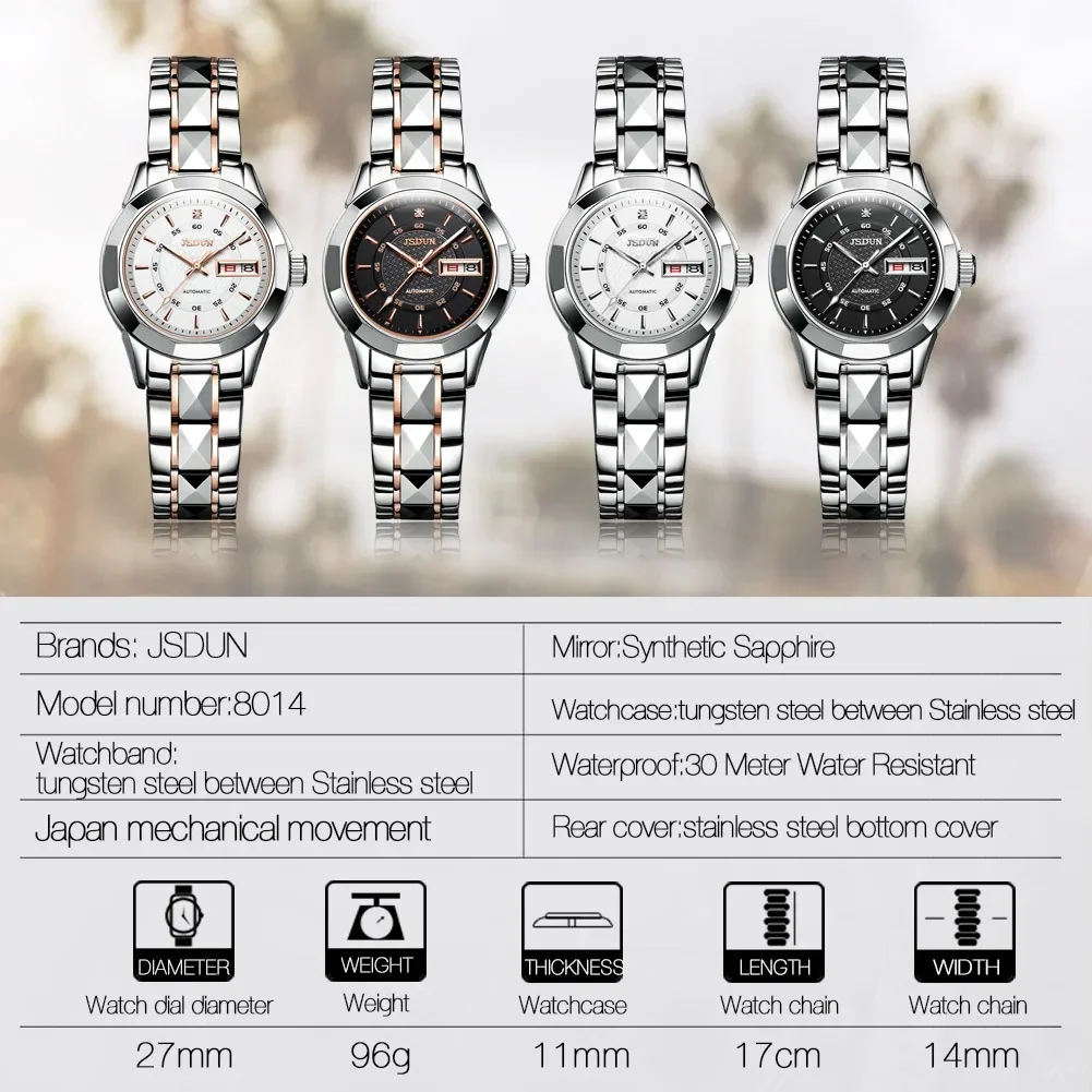 JSDUN 8014 Waterproof Women Wristwatch Japan Automatic Mechanical Stainless Steel Strap Business Watches For Women Calendar