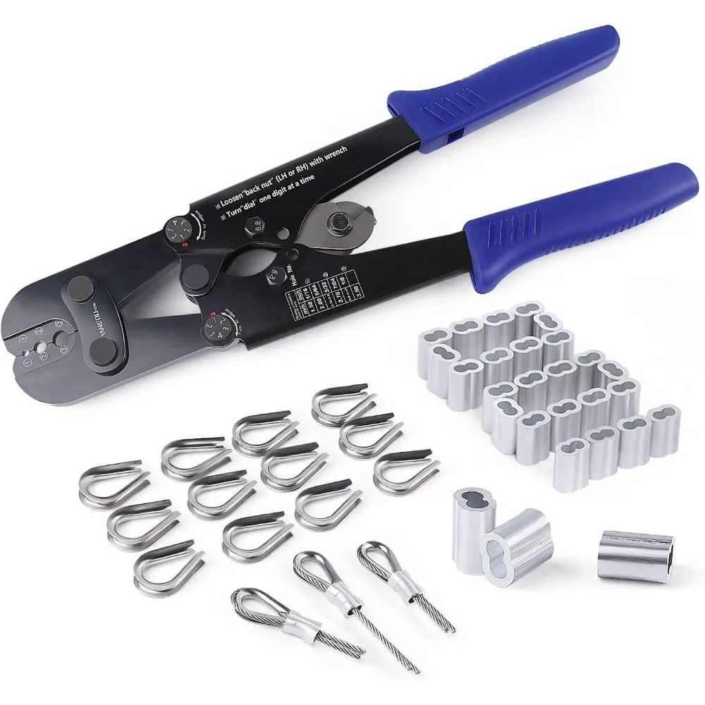 

Набор для обжима и резки троса для стального троса размером 1/16-1/8 дюйма со 100 рукавами и 50 наперстками