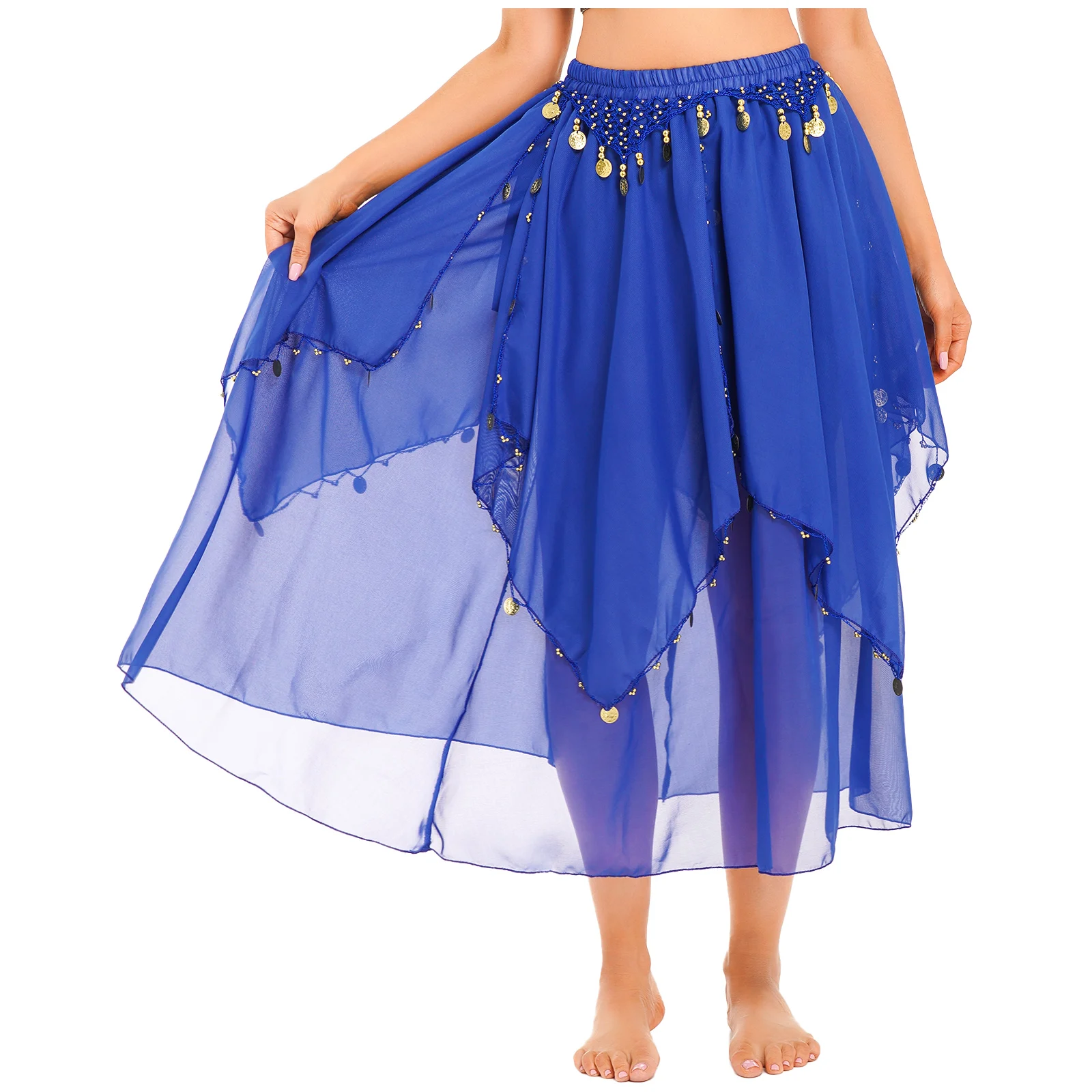 Dames Indiase Oosterse Buikdans Prestaties Kostuum Pailletten Asymmetrische Kralen Chiffon Tule Maxi Rok met Kralen Danskleding