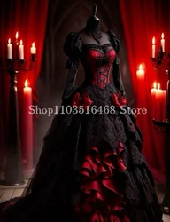 Fantasy Gothic Prom Dress Vintage Black Red Sheath Long Sleeve Corset Corset Pleated Poncho Victorian Party Dress فساتين سهرة