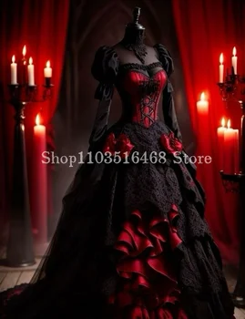 Vestido Fantasy Gothic Prom, bainha vintage preta e vermelha, espartilho manga comprida, poncho plissado, vestido de festa vitoriano