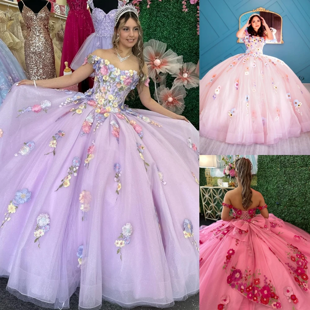 Multicolor Floral Embroidered Quinceanera Dress 3D Lace Detachable Off-Shoulder Quince Ballgown Corset Sweet 16 Birthday Party