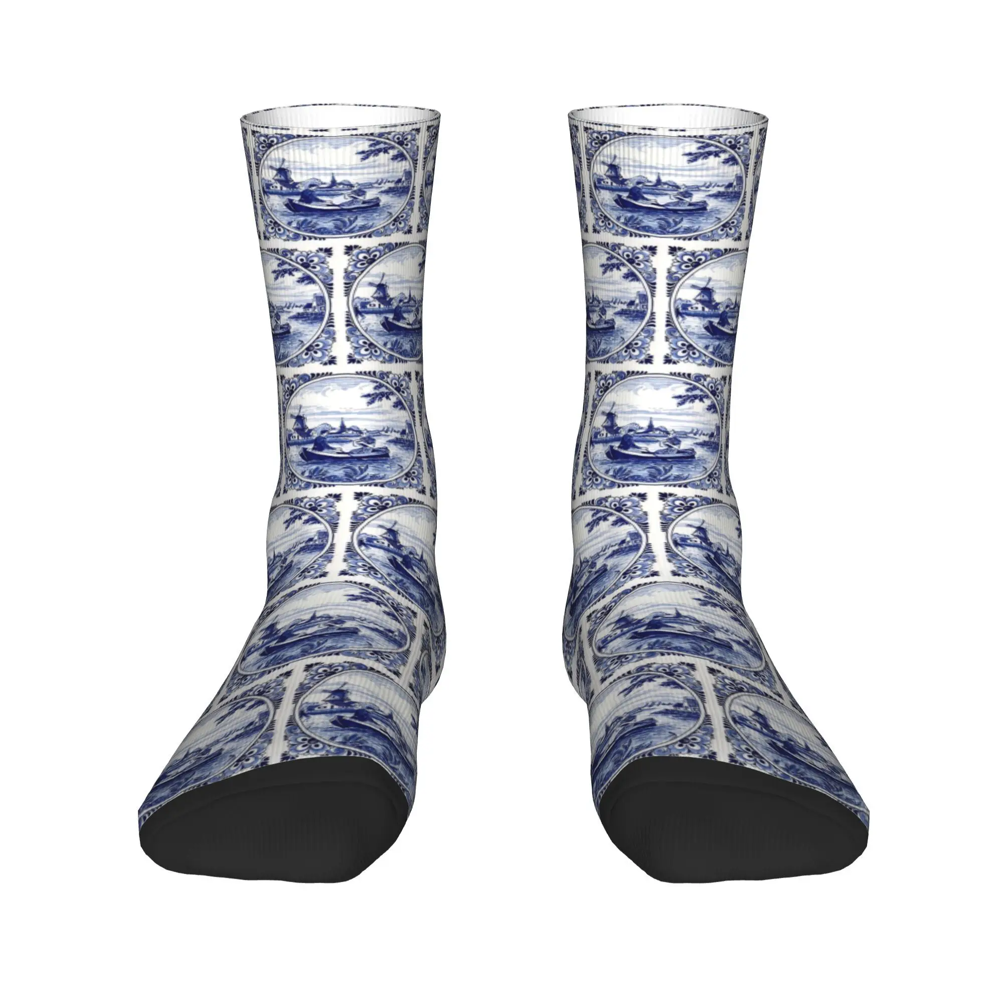 Kaus Kaki Gereja dan Perahu Layar Kincir Angin Delft Biru Belanda Stoking Penyerap Keringat Harajuku Kaus Kaki Panjang Hadiah Natal Uniseks