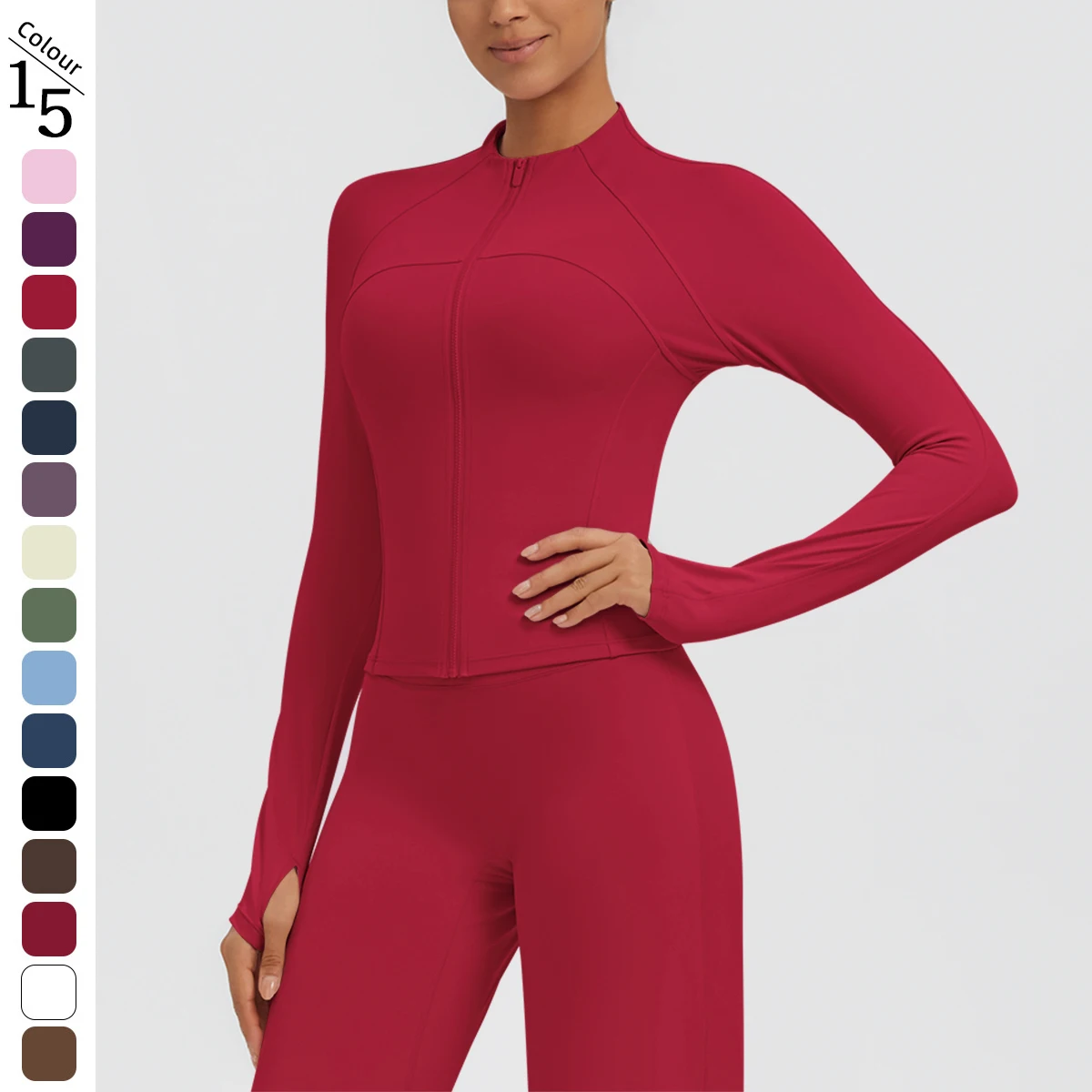 Stand Collar Yoga Coat for Women Solid Color Slim Casual Yoga Zipper Long Sleeves Quick Drying Running Shirts Thumbhole Design