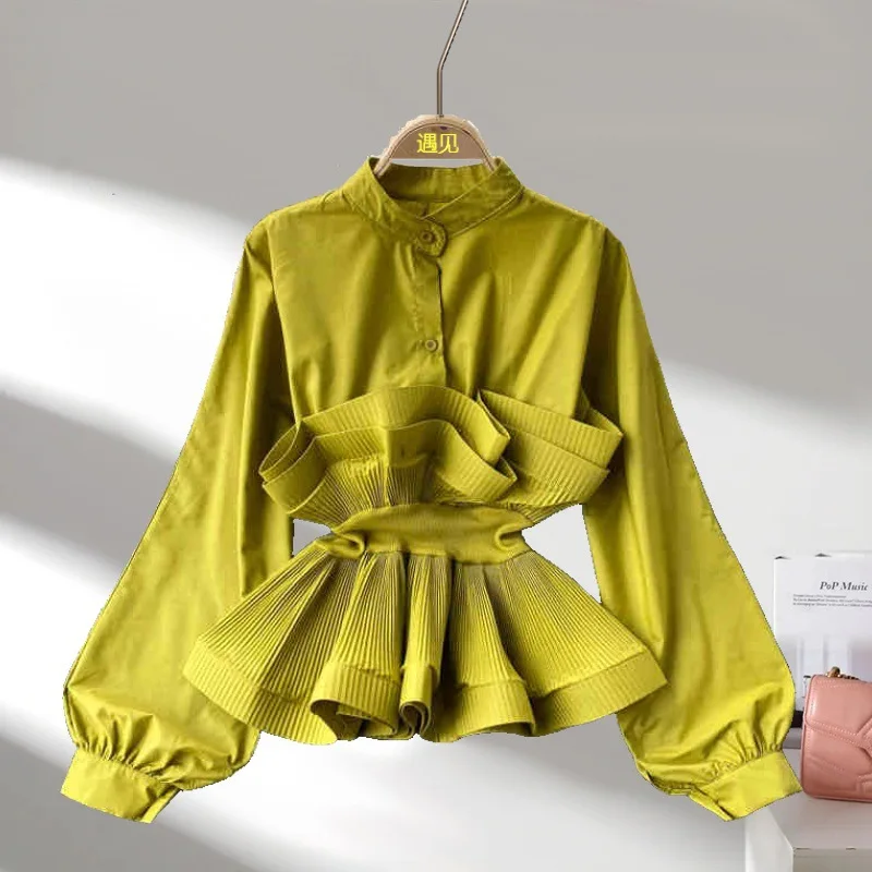 

Long-sleeved Shirt Women's Design Sense Niche Three-dimensional Pleated Lotus Leaf Edge Waist Thin Temperament Versatile Top New