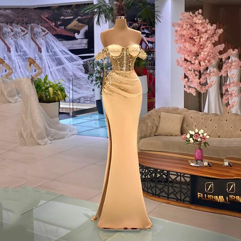 Elegante vestido de noche de un hombro con forma de sirena para mujer, vestidos de fiesta formales con cuentas de encaje, oro rosa