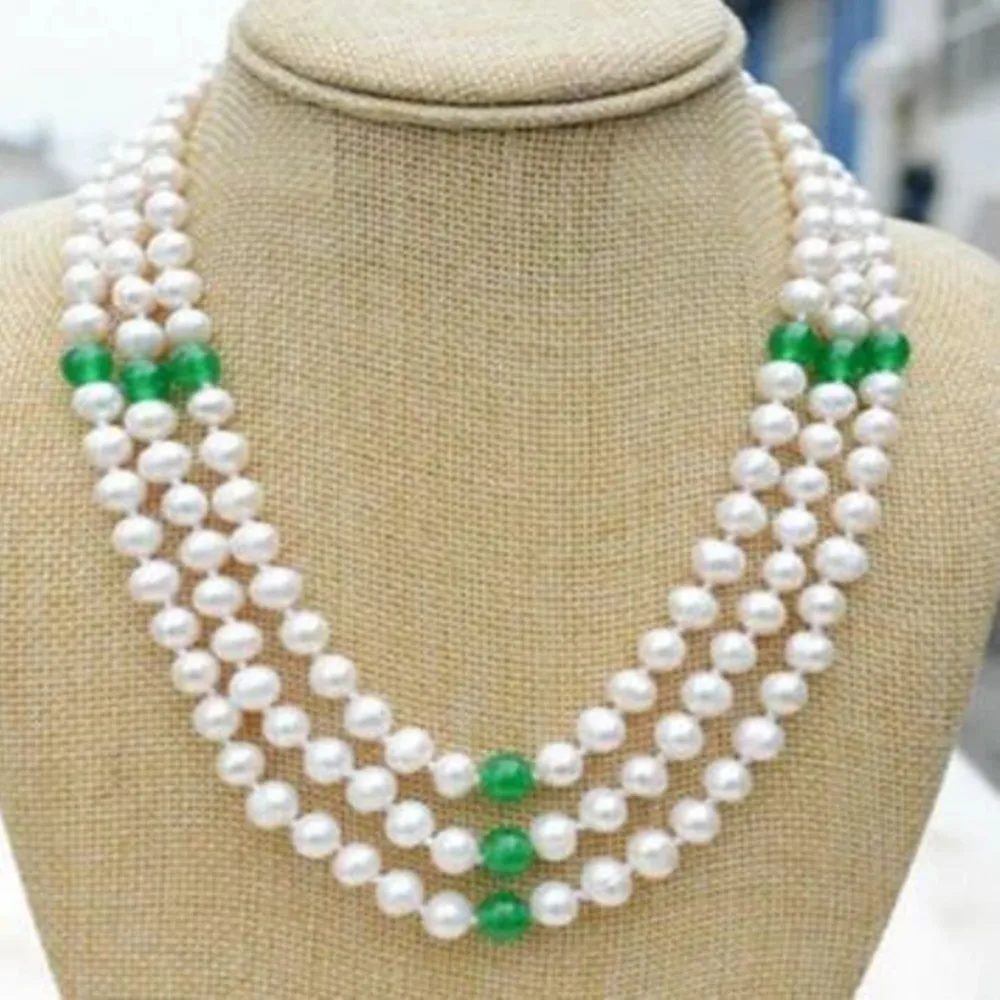 Hand knotted necklace natural 7-8mm white freshwater pearl green jade 3 rows sweater chain nearly round pearl 17-19inch