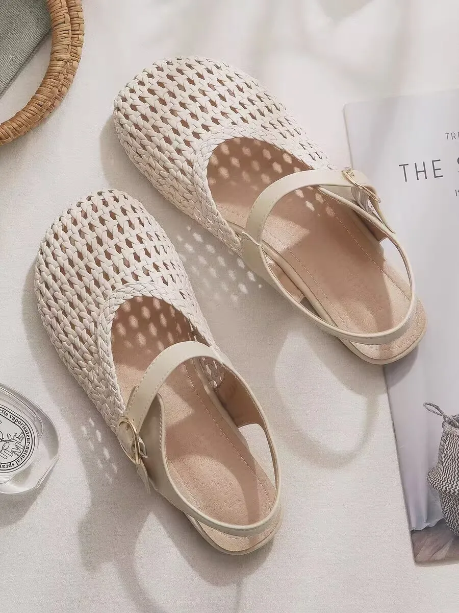 2026 New Model~ Fishnet Rhinestone Ballet Flat Mary Jane Women's Shoes with Hollowed-Out Strap Women's Sandals