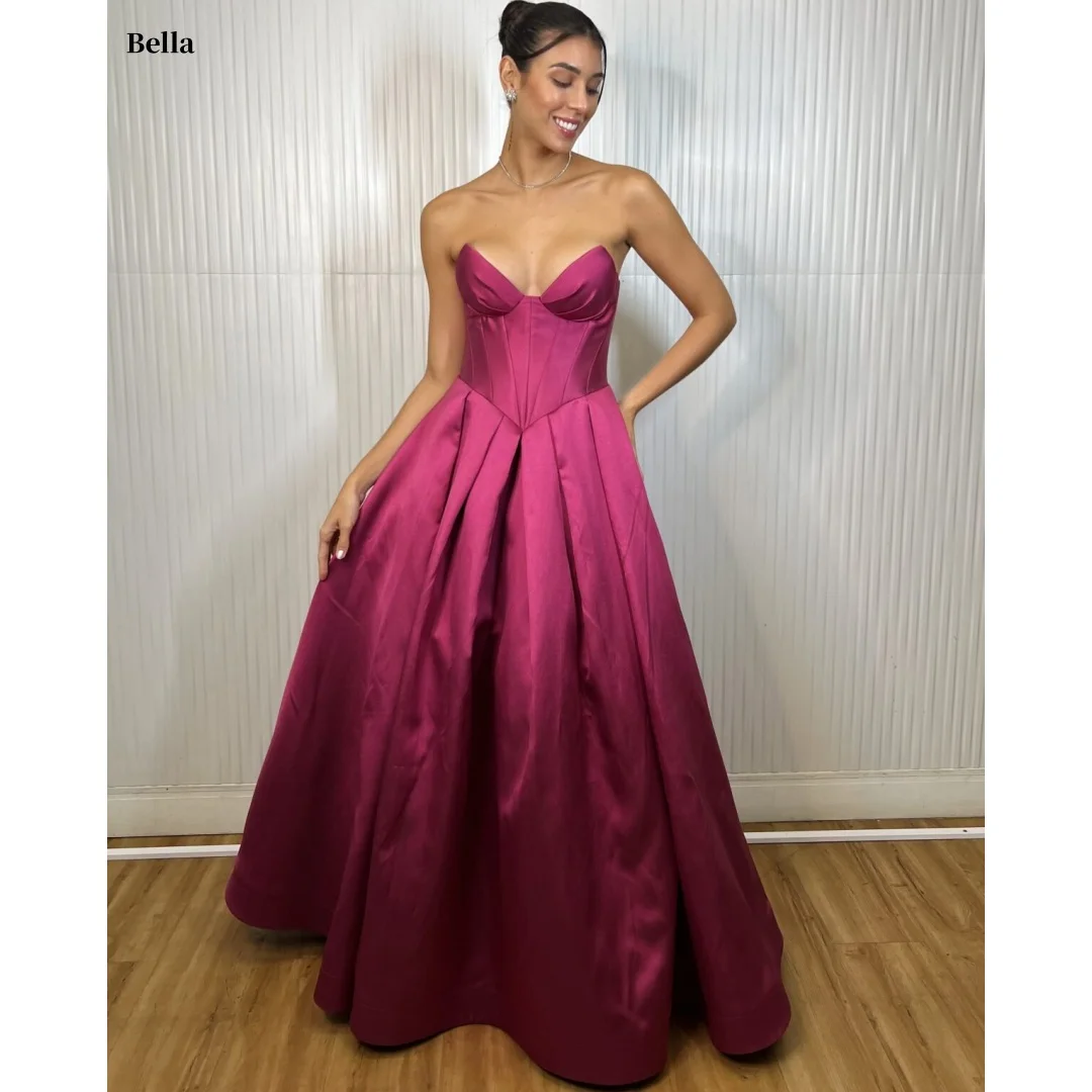 

Bella Customized Magenta Satin Prom Dresses Elegant Strapless Ball Gown vestidos de noche Corset Floor Length Formal Evening