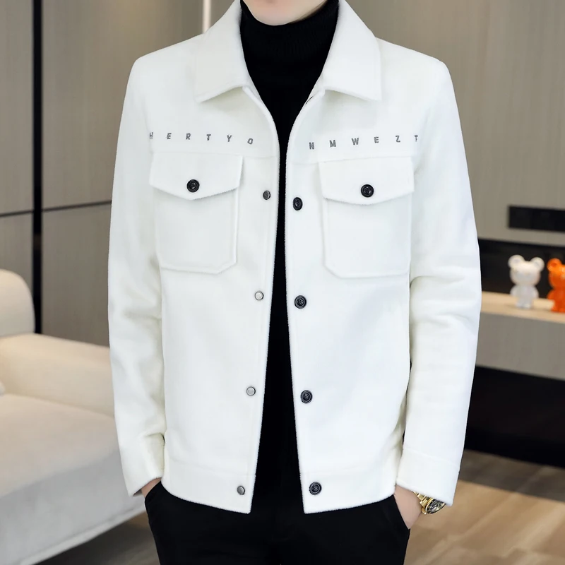 

Autumn Winter Men's ort Thiened Casual Lapel Mink Jaet Youth Woolen Coat Busin Casual Sle Single Button Closure