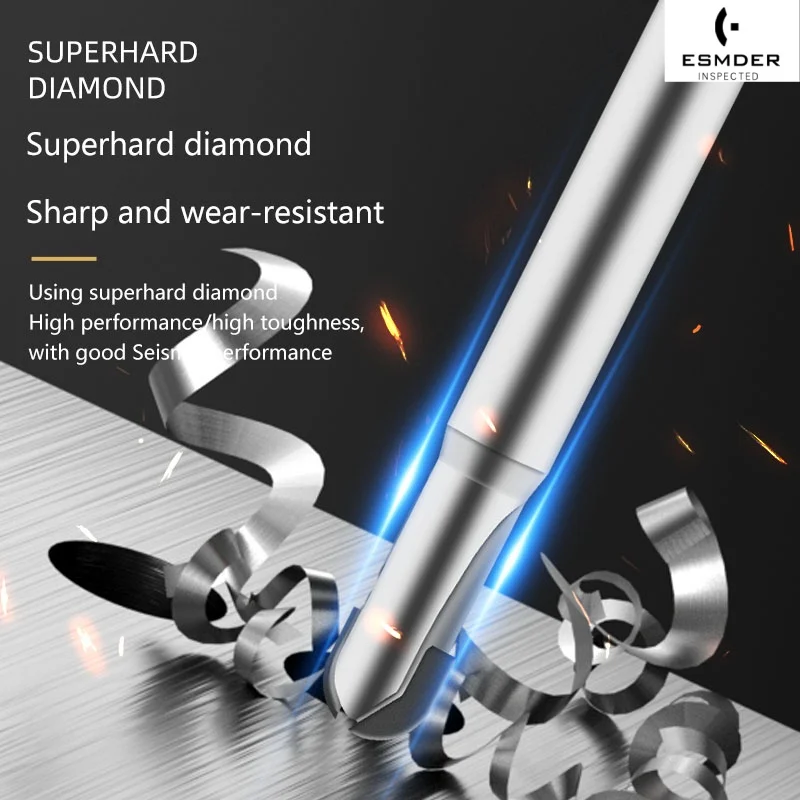 PCD เพชรปลายจมูก R1 R1.5 R2 R2.5 R3 R4 R5 R6 R8 R10 R12 R20 มม. ขลุ่ยเดี่ยวเครื่องกลึง CNC Milling เครื่องตัดเครื่องมือ 50L 75L