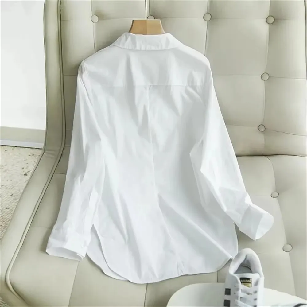 White Women Shirts Long Sleeve Loose Turn-down Collar Simple Solid Blouses Design Chic Korean Style Fashion OL Blouse Top