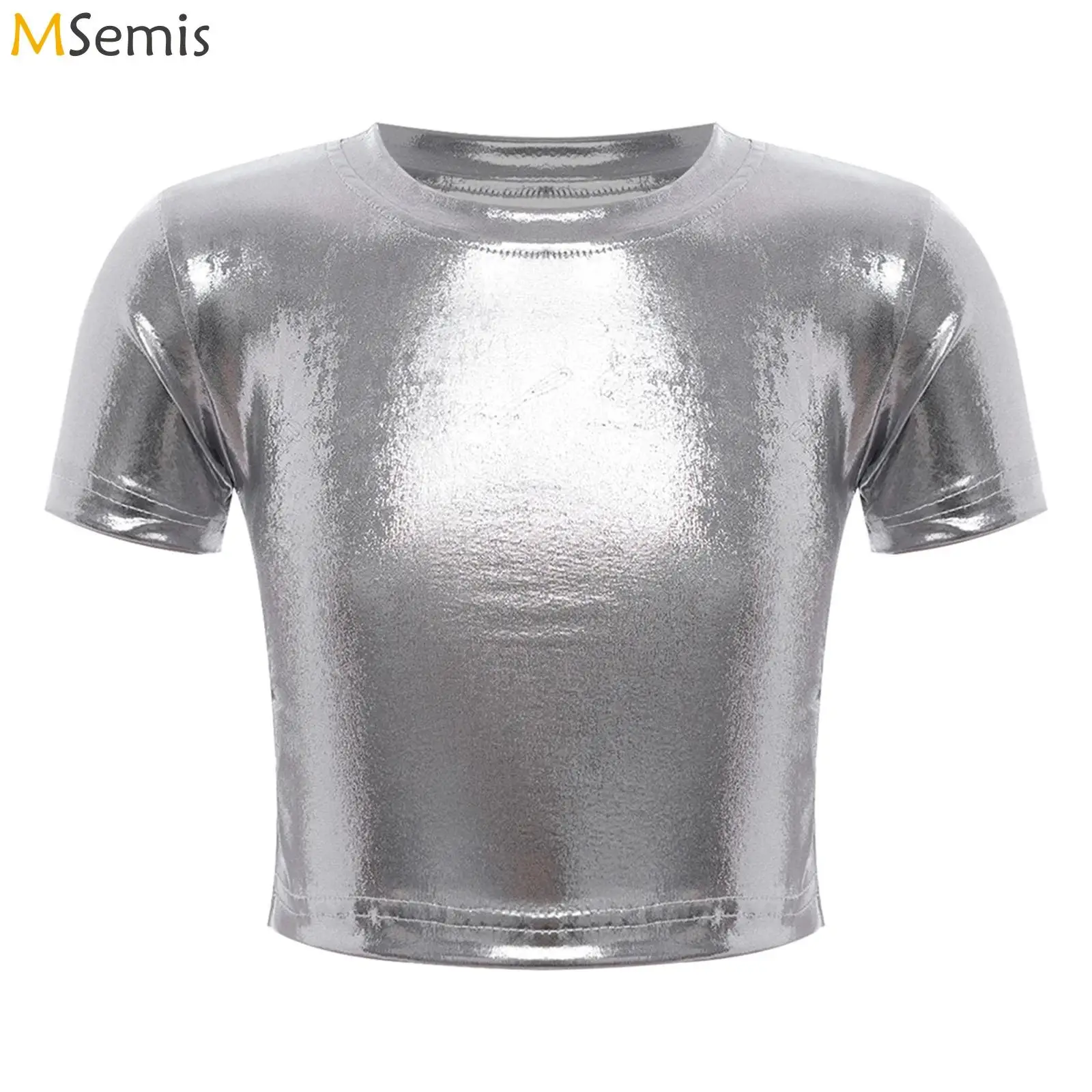 

Kids Girls Hip Hop Jazz Dance Performance Costume Silver Metallic Round Neck Short Sleeves T-shirt Ruched Metallic Crop Tops
