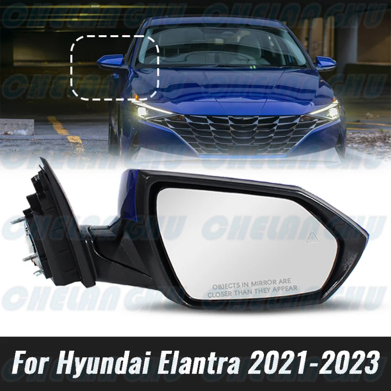 Mirror Assembly For Hyundai Elantra 2021 2022 2023 US Version Right Side 7 Pins Blue Painted With Heated Power Adjust Blind Spot