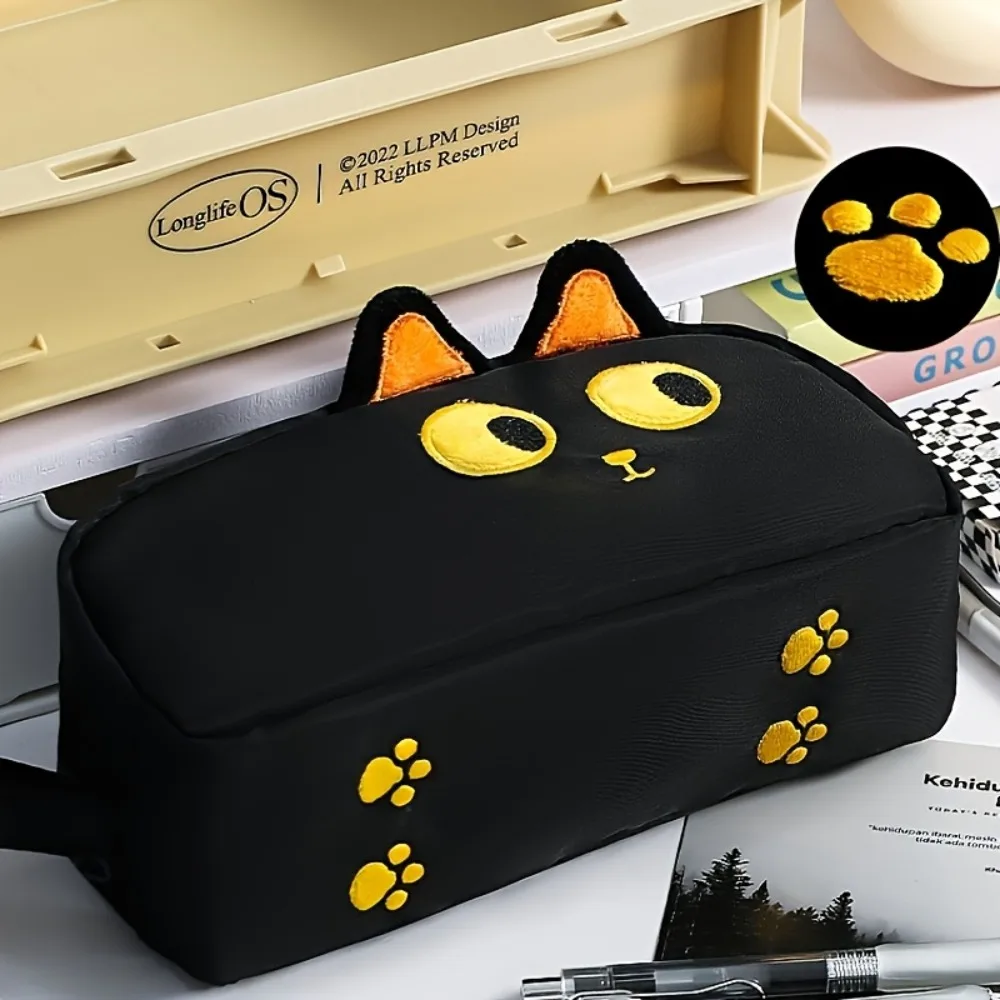 1pc 3D Black Cat Pencil Case, Large Capacity Polyester Pouch, Cute Paw Design School Office Supplies,Gift for Students & Office