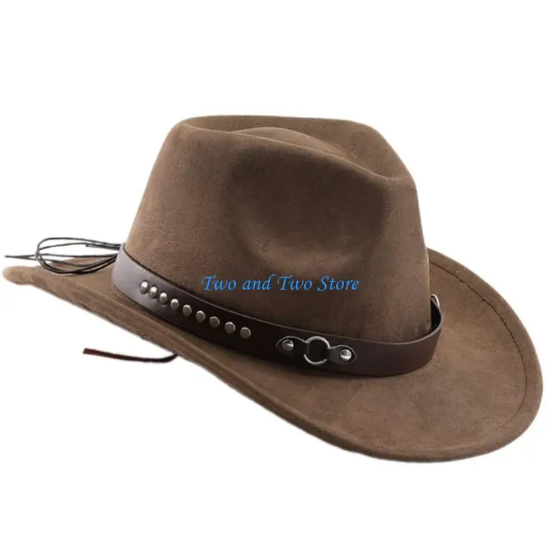

HX6F Homburg Cowboy Hats with Maillard Belt Rivets Trim Hat Top Hat Classical Porkpie Hat for Boy Men Hat