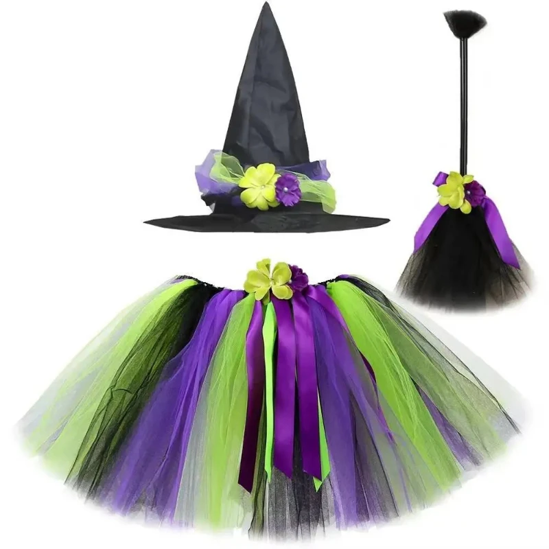 Green Black Purple Witch Tutu Skirt Outfit for Girls Fluffy Ballet Tutus Kids Halloween Dress Up Costumes with Flower Hat Broom