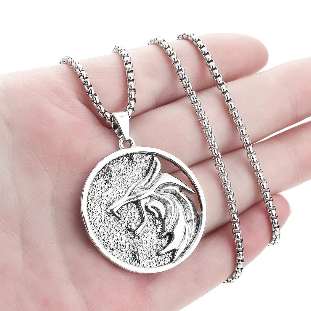 Witcher Geralt of Rivia Medallion White Stainless Steel Wolf Necklace Mens Birthday Pendant Gwynbleidd