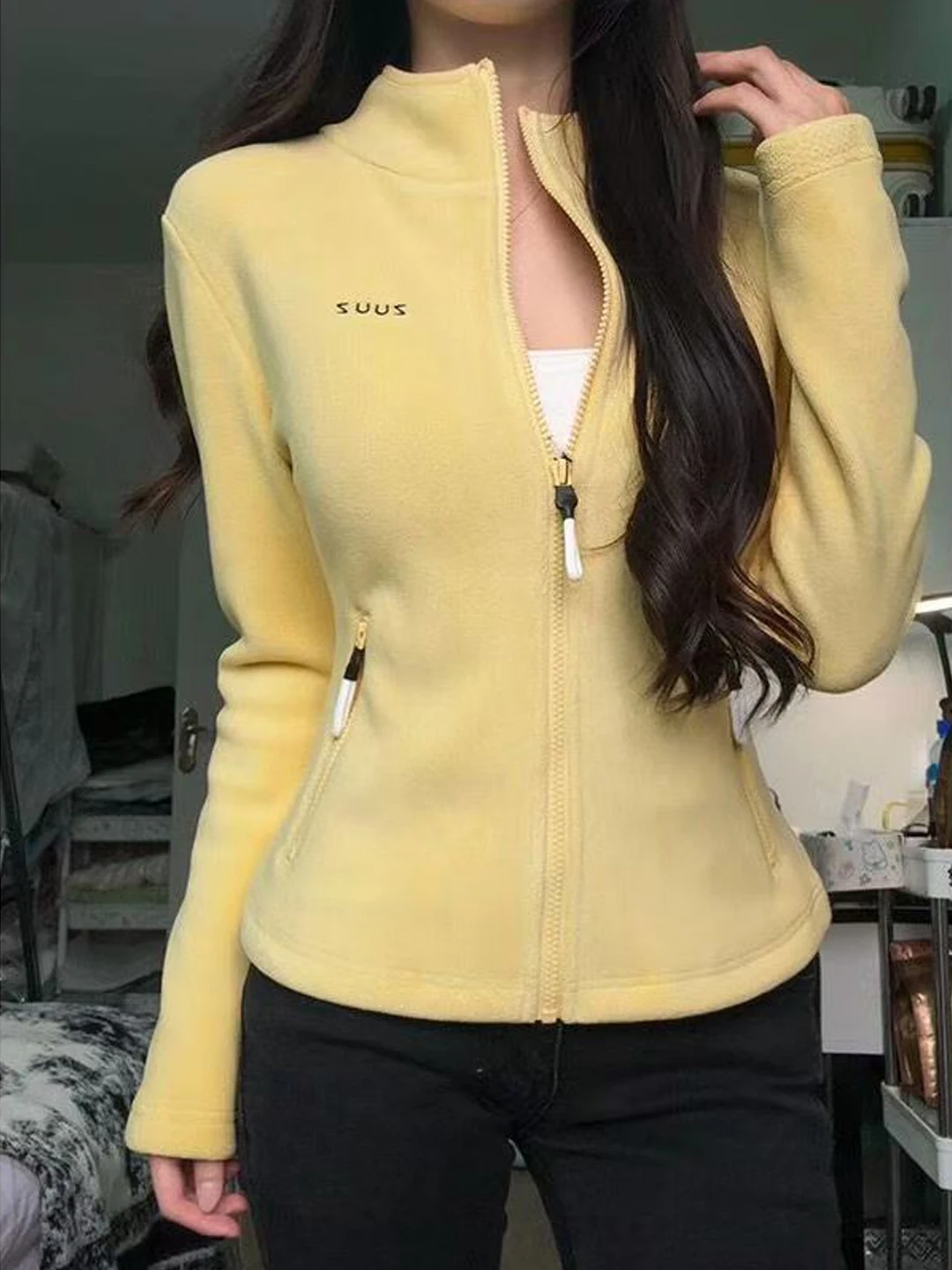 

American Style Retro Fleece Jacket Women's Slim Fit Autumn Winter Warmth Sweatshirt Coat High Waist A-Line Skirt Long Sleeve