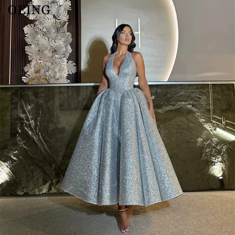 

OEING Sparkly Silver A-Line Prom Dress V-Neck Sleeveless Draped Evening Dresses 2025 فساتين سهرة Customized