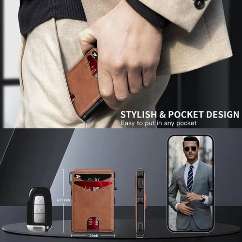 Imagen 2 del producto Cartera de cuero delgada para hombre con bloqueo RFID plegable minimalista con caja de aluminio emergente Clip para dinero y tarjetero