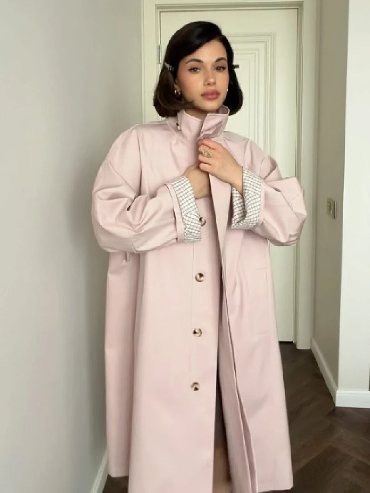 Casual Pink Oversize Trench Coats Women Fashion Cuff Checkered Lining Single Breasted Loose Fit Overcoat Autumn Lady Street Wear