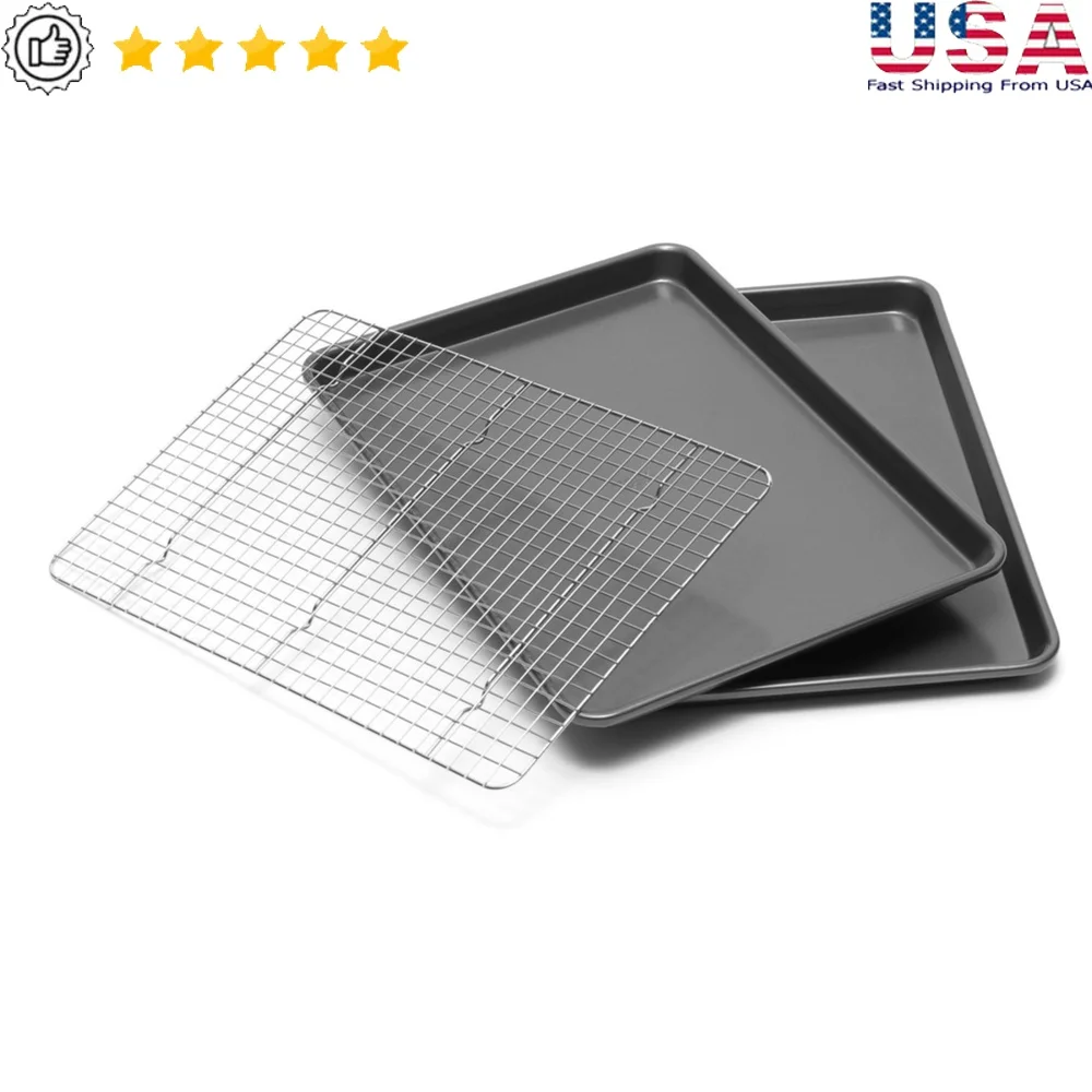

Professional Jelly Roll Pan Set with Cooling Rack Non-Stick Bakeware Heavy Duty Carbon Steel Perfect Baking Cookies Bars Meals