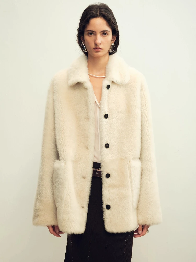 

High-end Luxury Lacon Lamb Fur Jackets for Women Simple Classic Mid-length Winter Genuine Leather Real Fur Shearling Coat
