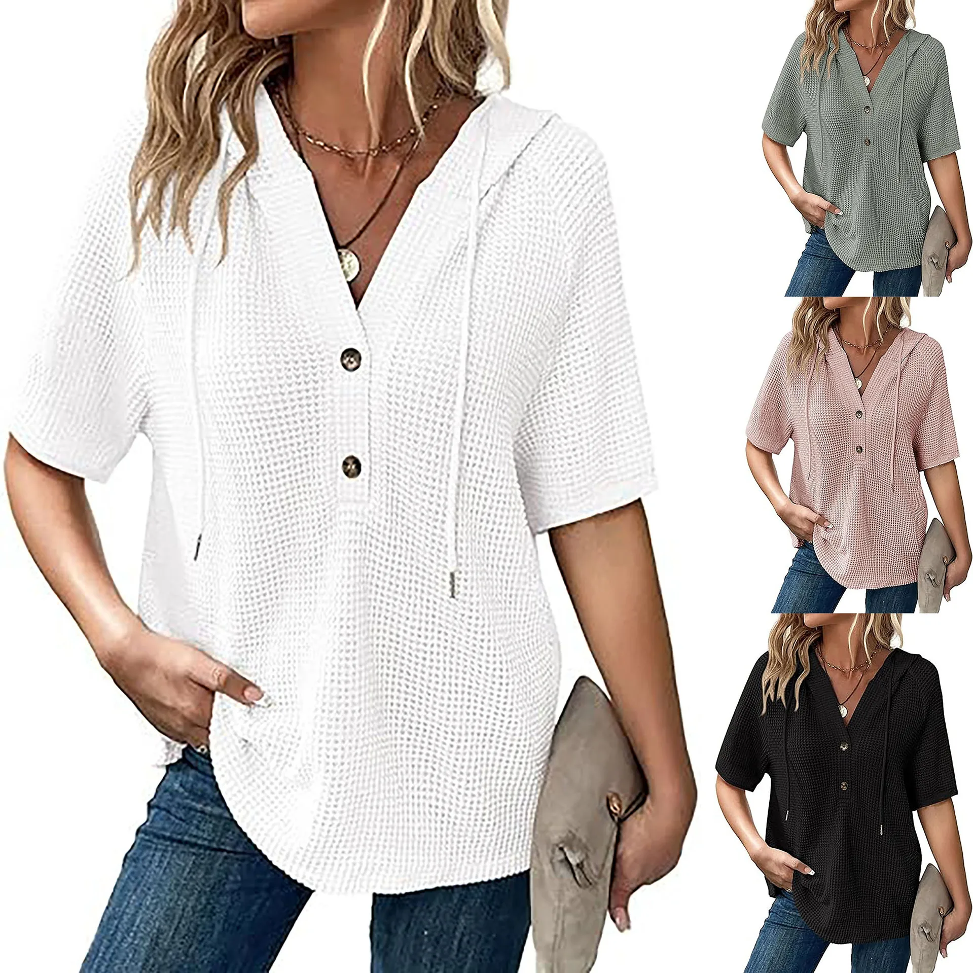 

2026 Women's Summer Waffle Knitted Short Sleeve Top Lightweight Drawstring Hoodie Button V-Neck Shirt