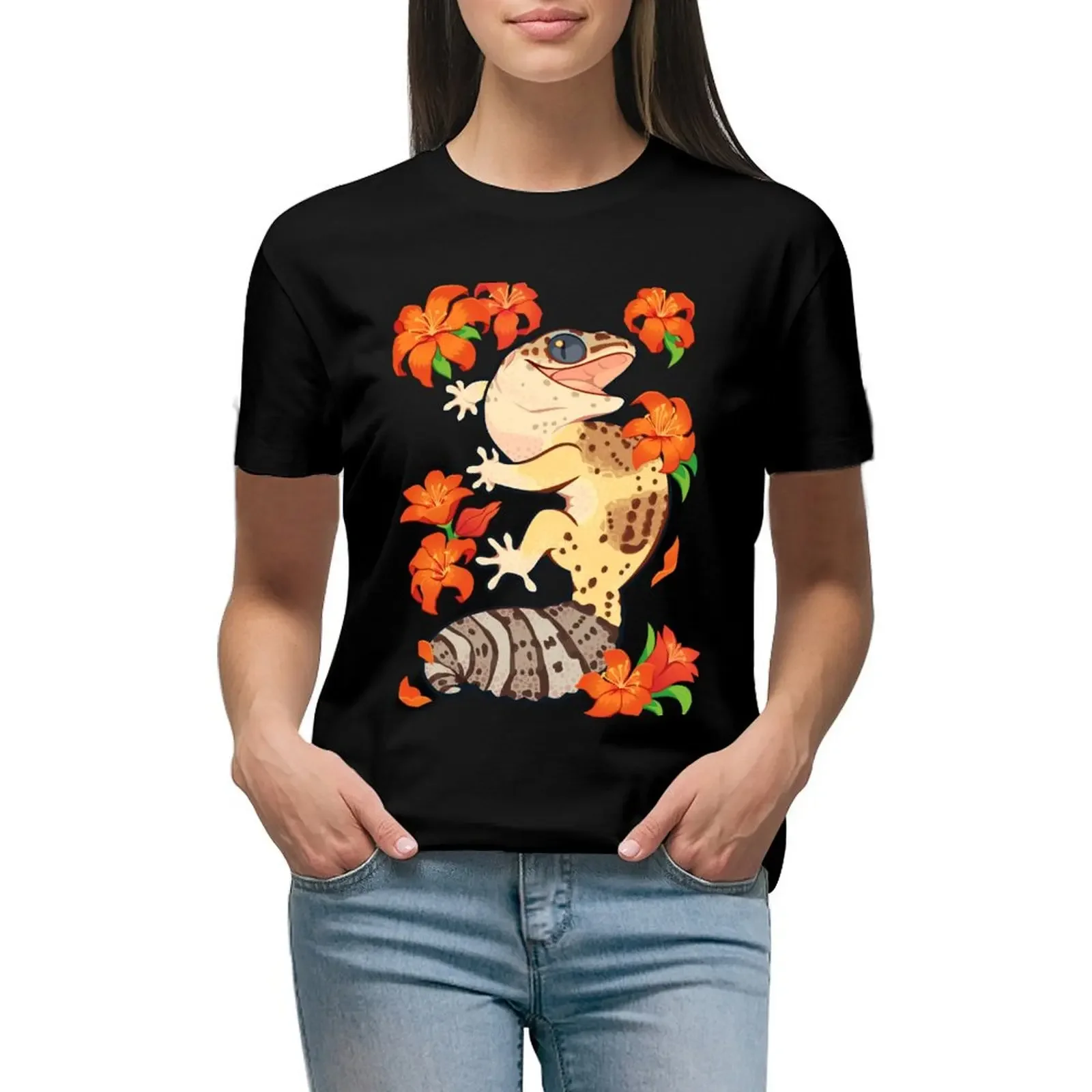 Fire lily gecko T-Shirt heavyweights summer top Womens graphic t shirts