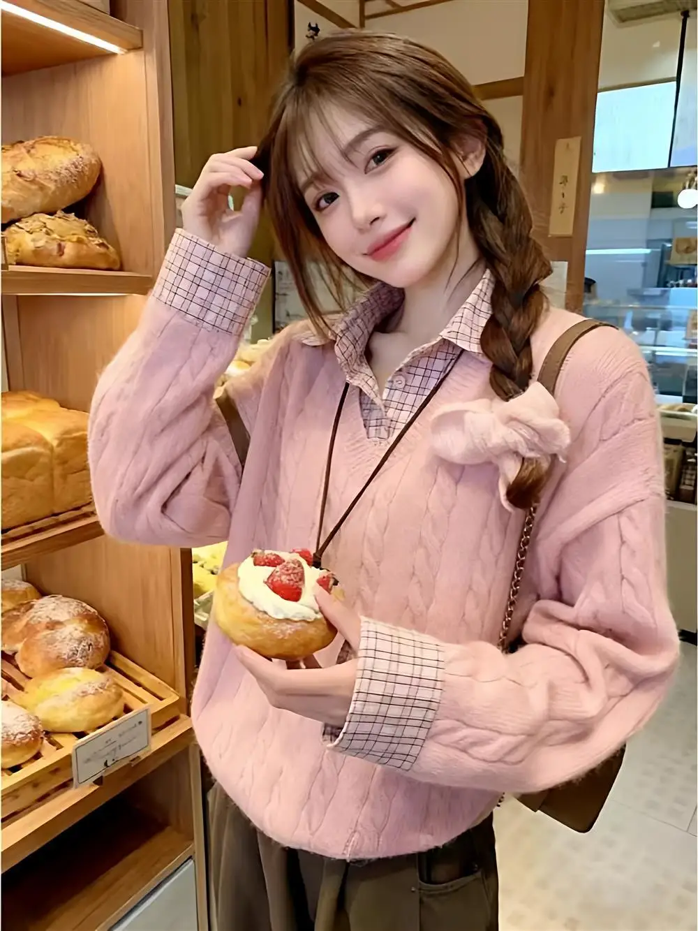 

Sweet Loose Knitted Ne Long Sve Sweater Women's Plaid Patchwork Thiened Coolmax Fiber Casual Sle Autumn Winter ...