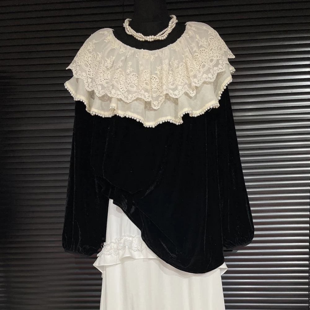 Loose and versatile lotus collar doll shirt 2024 autumn new Korean  contrasting lace velvet shirt top  blusa  tops mujer