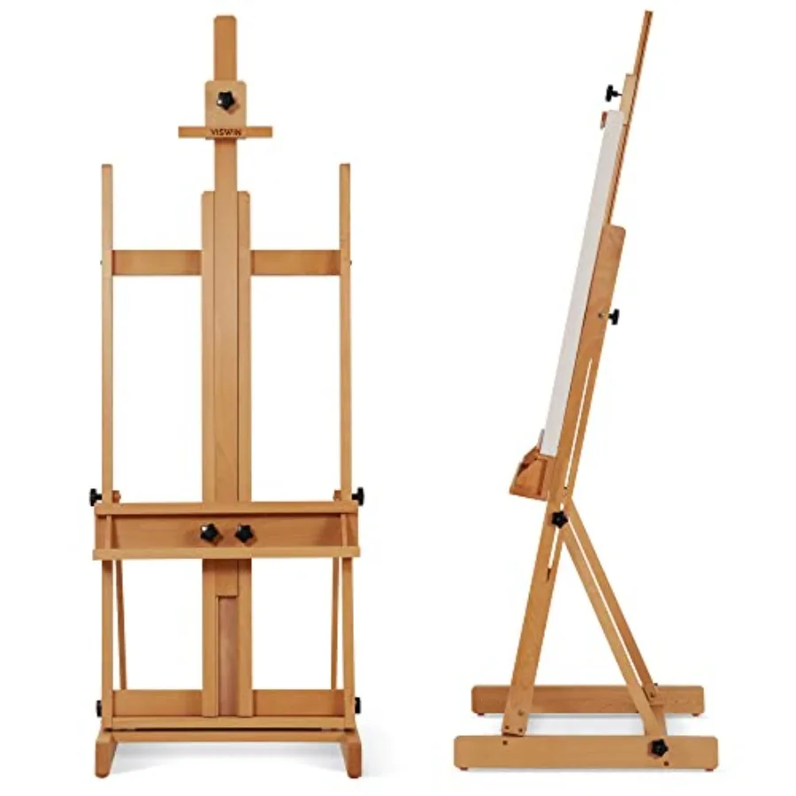 

Large H-Frame painting easel for studio use, solid beech wood, natural color, adjustable height 53-91, heavy duty with storage
