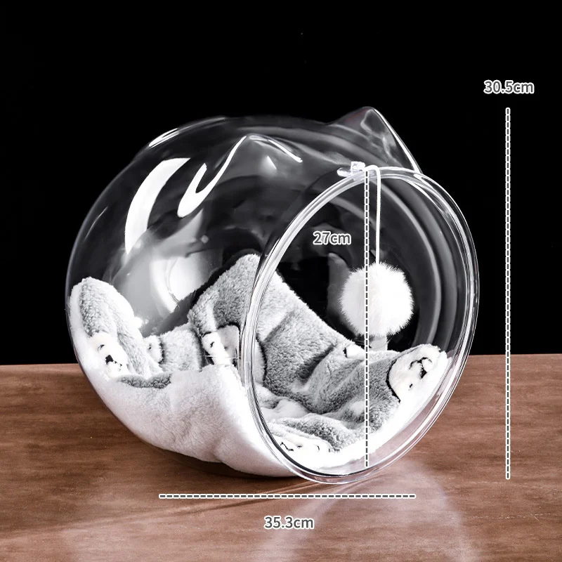 سرير قطط كبسولة فضائية شبه مغلق من البلاستيك الشفاف القابل للتنفس مع كرة لعبة مناسبة لجميع المواسم، منزل مريح لمحبي القطط #6