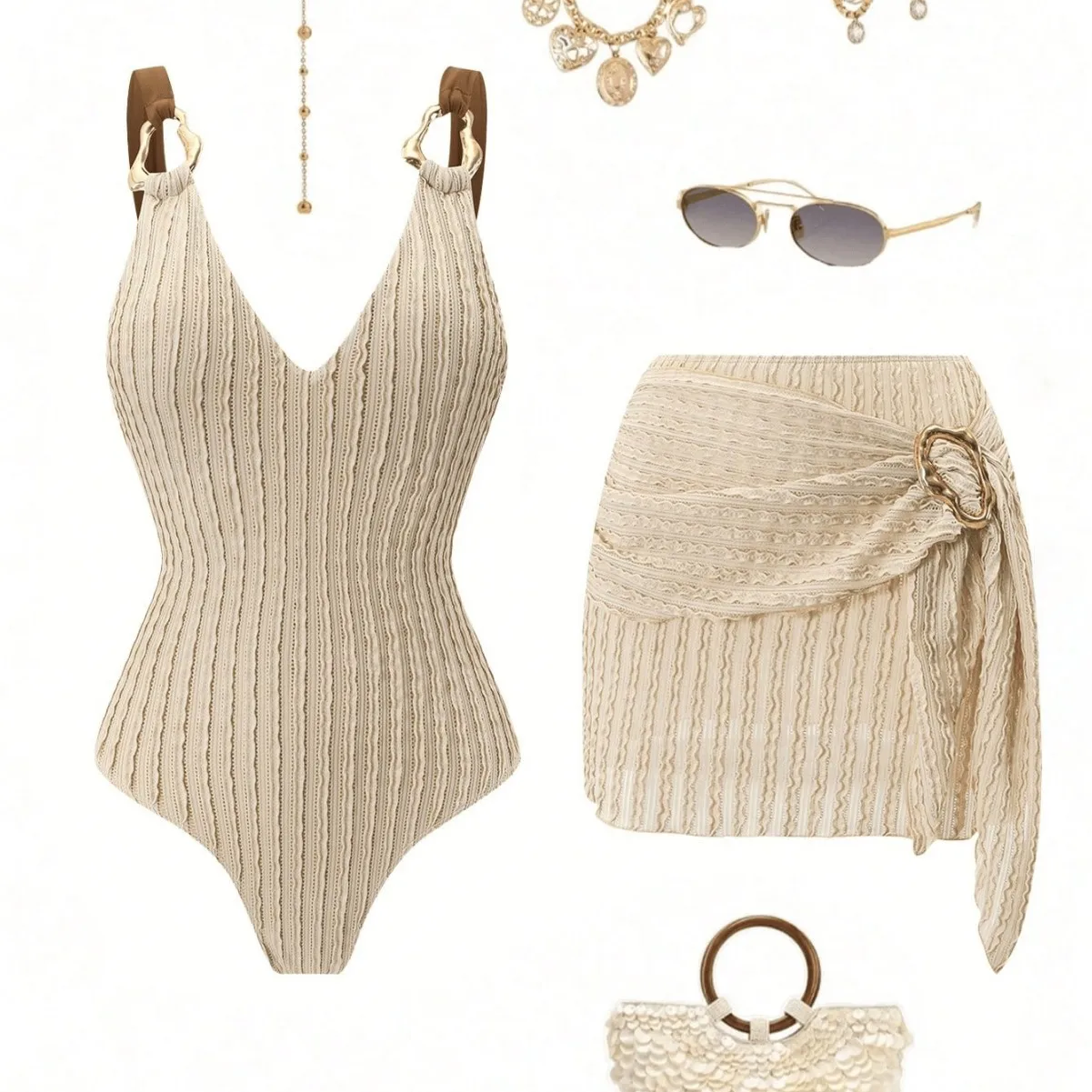 Wavy‑Textured 2 Piece Swim Set Metal Ring Spaghetti‑Strap V‑Neck Monokini Swimsuit Belted Wrap Skirt Women Summer Beachwear