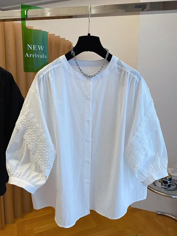 

Women's Fashion Shirt Top White Lace Patchwork O-Neck Pullover Casual Loose Shirt Tops Summer Elegant Office Womens Clothing