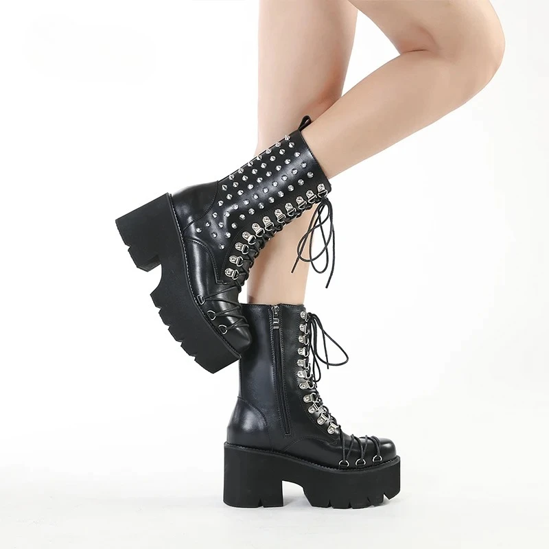 Women Motorcycle Punk Boots Mori Girl Lady Lolita Boots Woman High Top Boots Platform Fashion Rivets Goth Dark - view 4