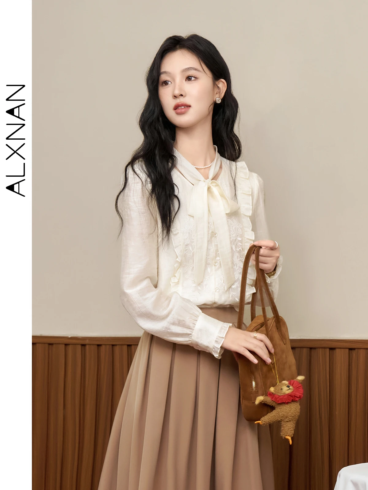 ALXNAN French Apricot Shirts for Women Lace-up Bow V-neck Long Sleeve Agaric Edge Fall Loose Casual Tops Sold Separately L39812