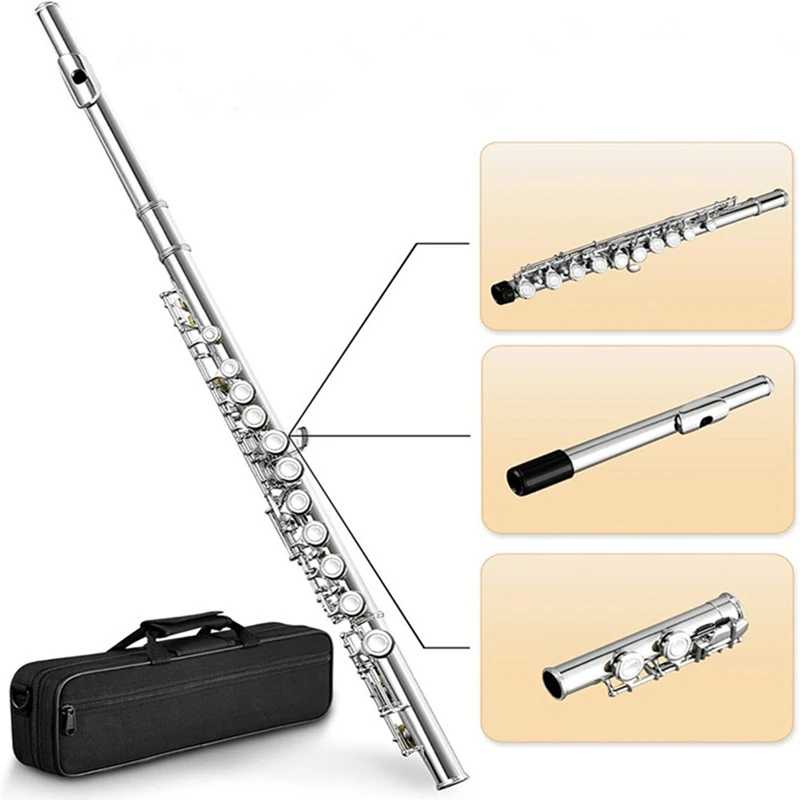 Hot 16 Closed Open Holes C Key Professional Transverse Flute Concert Musical Instrument With Box Cleaning Cloth Stick Gloves