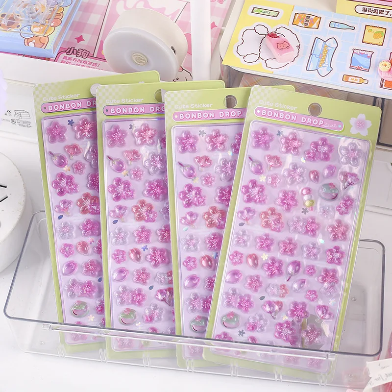 1 Piece Pink Color Sakura Scrapbook Journal Sticker 3D Relief Stereo Sweet Stationery Sticker DIY Decor Guitar Phone Sticker