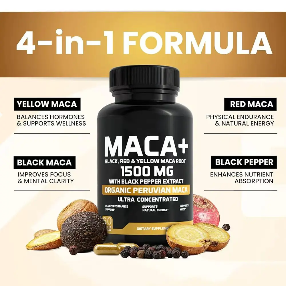 Organic Maca Root Powder Capsules 1500mg with Black Pepper Extract & Maca Root Extract, Energy & Mood Supplemet for Men & Women